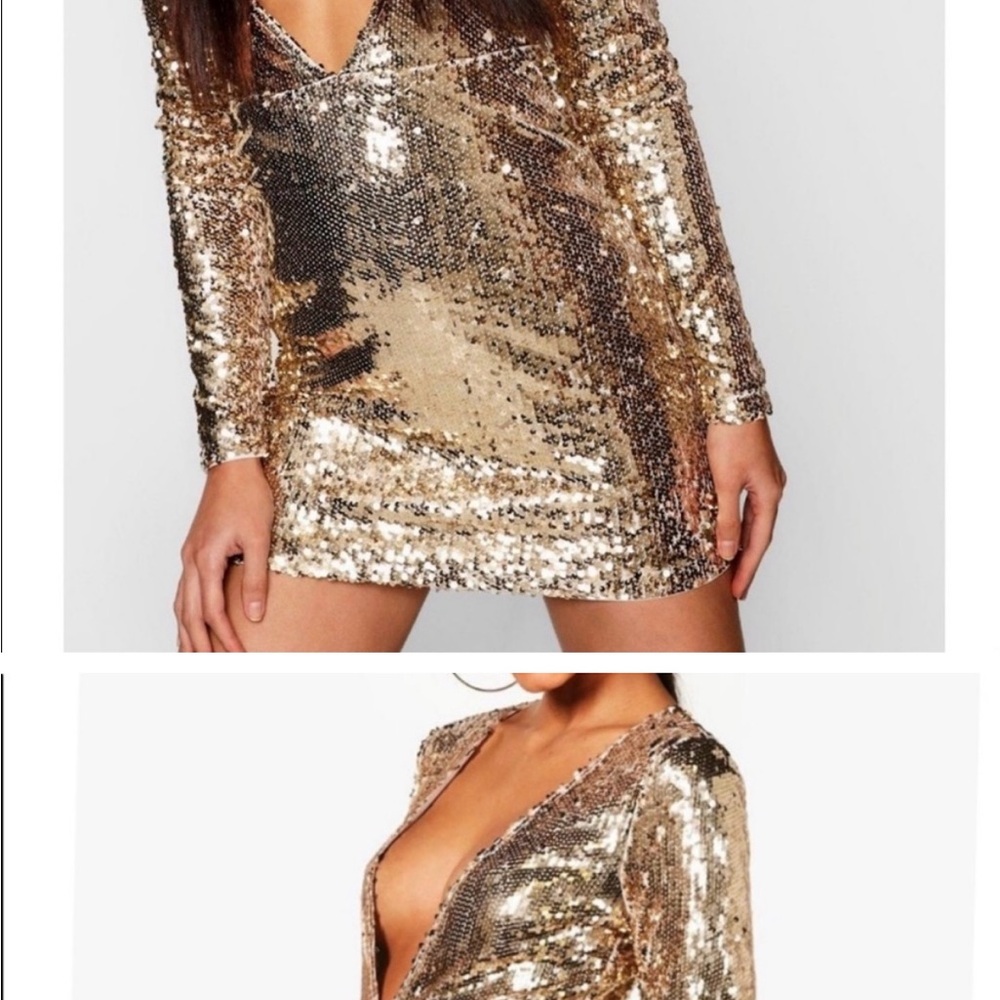 • Boohoo • Nara Gold Sequin Deep V Party Dress